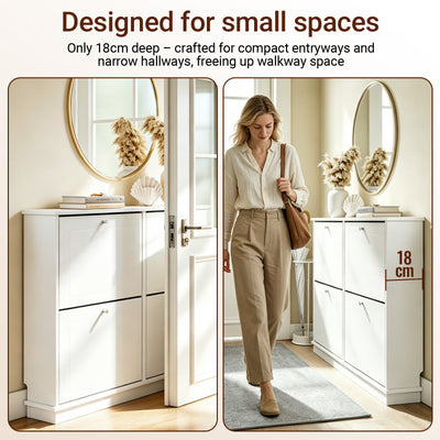 SoBuy FSR216-W, Large Shoe Storage Cabinet with 4 Flip Drawers, Ultra Slim 19cm Wall mounted Shoe Cupboard for Hallway, White, 105×18×78 cm