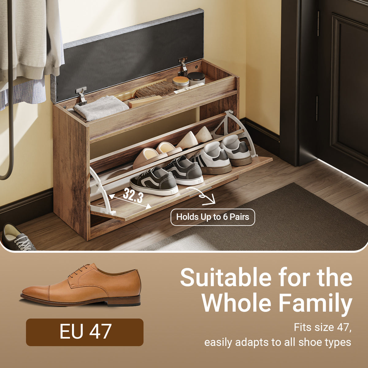 SoBuy FSR218-F, Slim Shoe Bench with Seat, Narrow Flip-Top Shoe Storage Cabinet for Hallway, Fits up to EU 47, Dark Brown, 75x24x53 cm