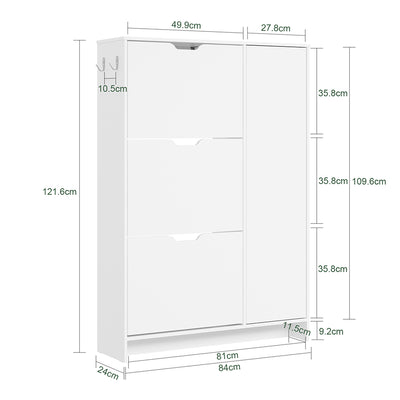 SoBuy FSR220-W, Shoe Cabinet with 3 Drawers, Hooks & Seat, Entryway, White, 84x24x121cm - view 3