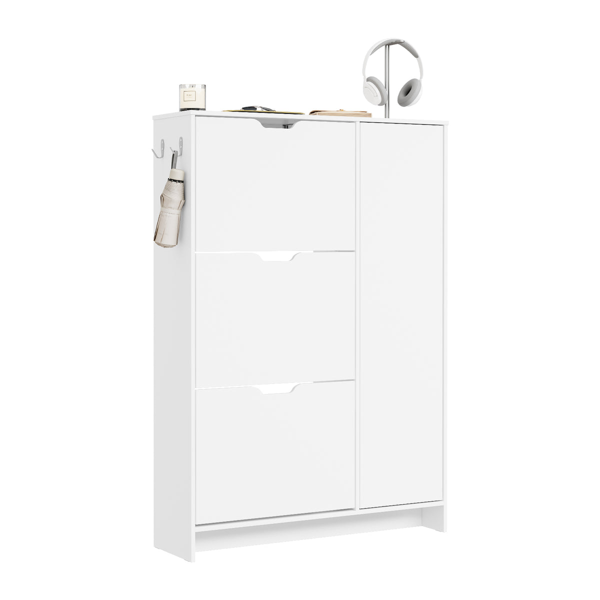 SoBuy FSR220-W, Shoe Cabinet with 3 Drawers, Hooks & Seat, Entryway, White, 84x24x121cm