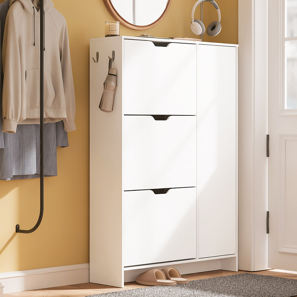 SoBuy FSR220-W, Shoe Cabinet with 3 Drawers, Hooks & Seat, Entryway, White, 84x24x121cm - view 2