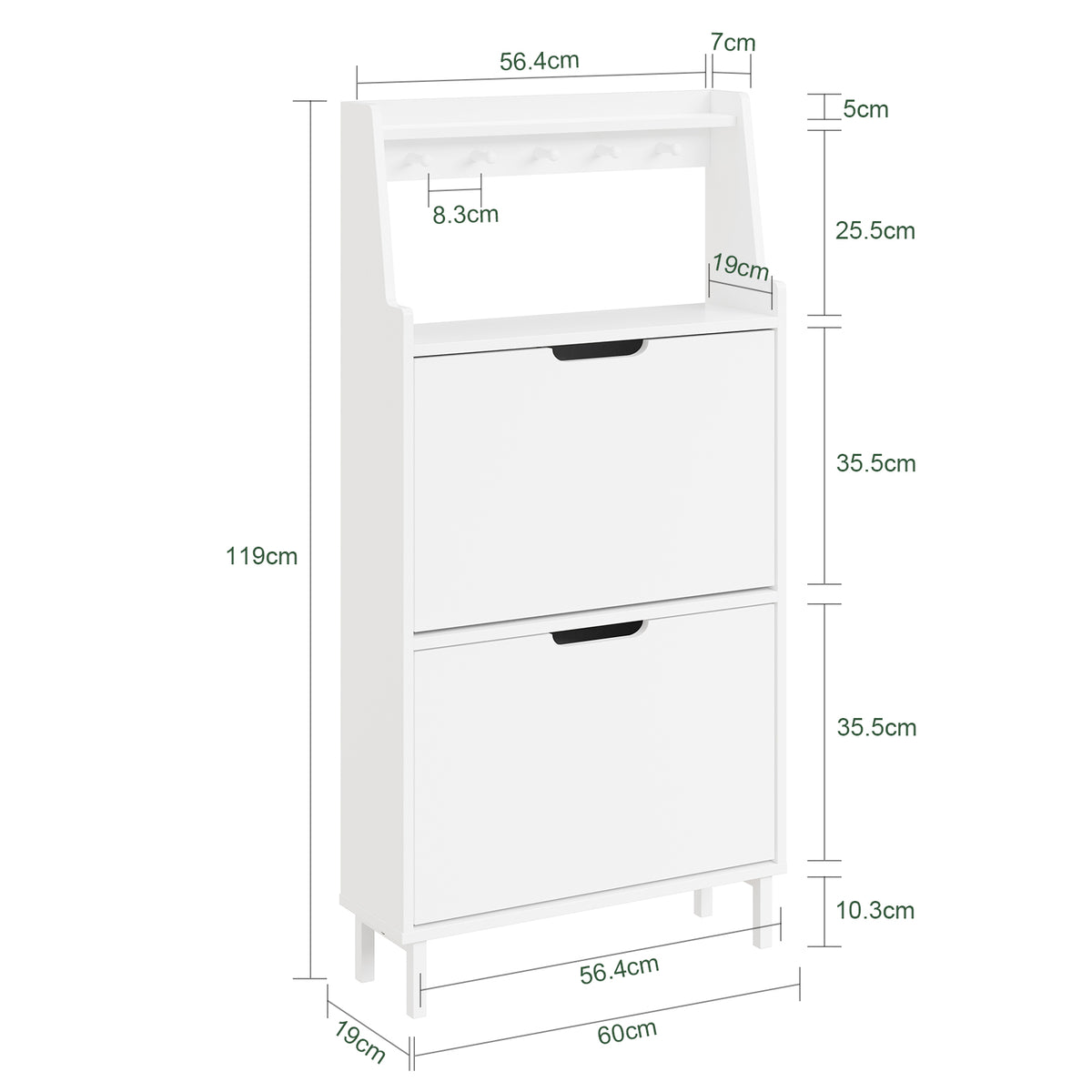 SoBuy FSR221-W, Ultra Slim Shoe Cabinet, 19cm Deep Narrow Shoe Rack with 2 Flip Drawers, Slim Hallway Storage Unit with Hooks & Open Compartment for Entryway, Fits up to EU 47, White, 60x19x119cm