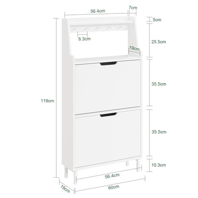 SoBuy FSR221-W, Ultra Slim Shoe Cabinet, 19cm Deep Narrow Shoe Rack with 2 Flip Drawers, Slim Hallway Storage Unit with Hooks & Open Compartment for Entryway, Fits up to EU 47, White, 60x19x119cm