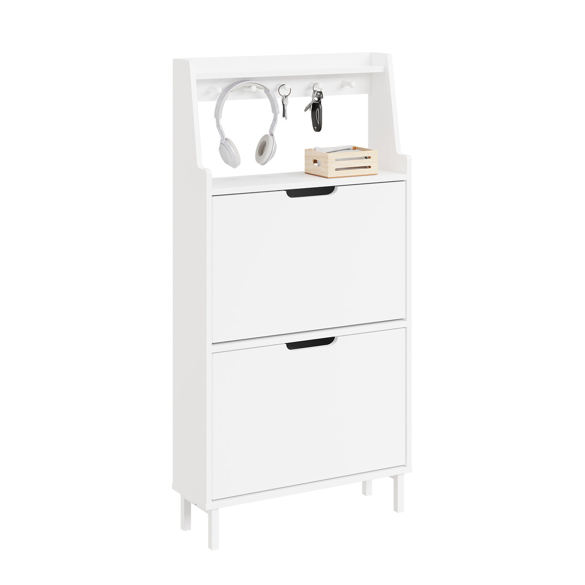 SoBuy FSR221-W, Ultra Slim Shoe Cabinet, 19cm Deep Narrow Shoe Rack with 2 Flip Drawers, Slim Hallway Storage Unit with Hooks & Open Compartment for Entryway, Fits up to EU 47, White, 60x19x119cm
