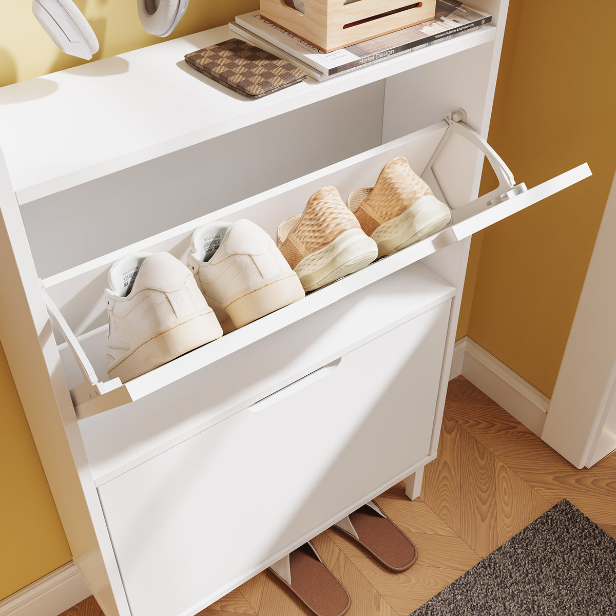 SoBuy FSR221-W, Ultra Slim Shoe Cabinet, 19cm Deep Narrow Shoe Rack with 2 Flip Drawers, Slim Hallway Storage Unit with Hooks & Open Compartment for Entryway, Fits up to EU 47, White, 60x19x119cm