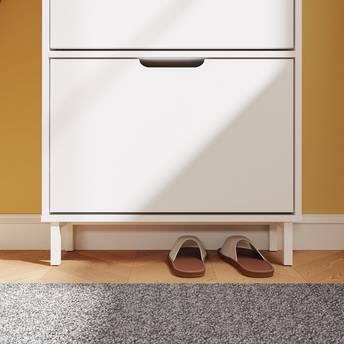 SoBuy FSR221-W, Ultra Slim Shoe Cabinet, 19cm Deep Narrow Shoe Rack with 2 Flip Drawers, Slim Hallway Storage Unit with Hooks & Open Compartment for Entryway, Fits up to EU 47, White, 60x19x119cm