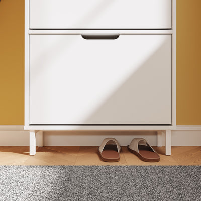 SoBuy FSR221-W, Ultra Slim Shoe Cabinet, 19cm Deep Narrow Shoe Rack with 2 Flip Drawers, Slim Hallway Storage Unit with Hooks & Open Compartment for Entryway, Fits up to EU 47, White, 60x19x119cm