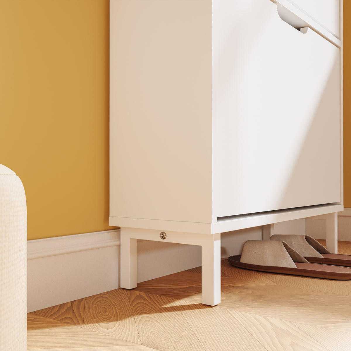 SoBuy FSR221-W, Ultra Slim Shoe Cabinet, 19cm Deep Narrow Shoe Rack with 2 Flip Drawers, Slim Hallway Storage Unit with Hooks & Open Compartment for Entryway, Fits up to EU 47, White, 60x19x119cm