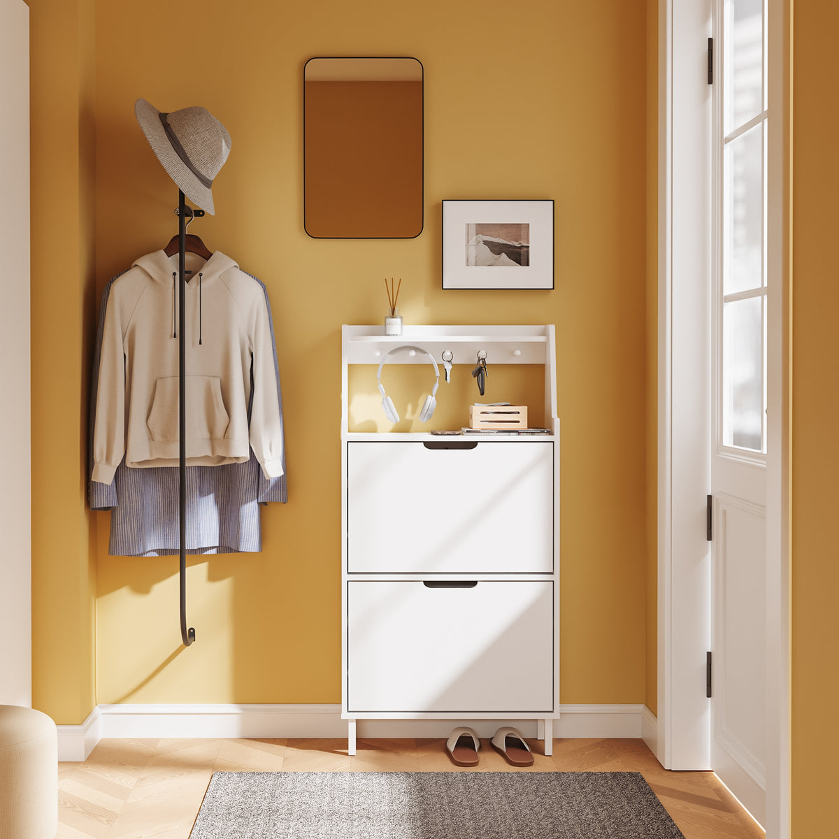 SoBuy FSR221-W, Ultra Slim Shoe Cabinet, 19cm Deep Narrow Shoe Rack with 2 Flip Drawers, Slim Hallway Storage Unit with Hooks & Open Compartment for Entryway, Fits up to EU 47, White, 60x19x119cm