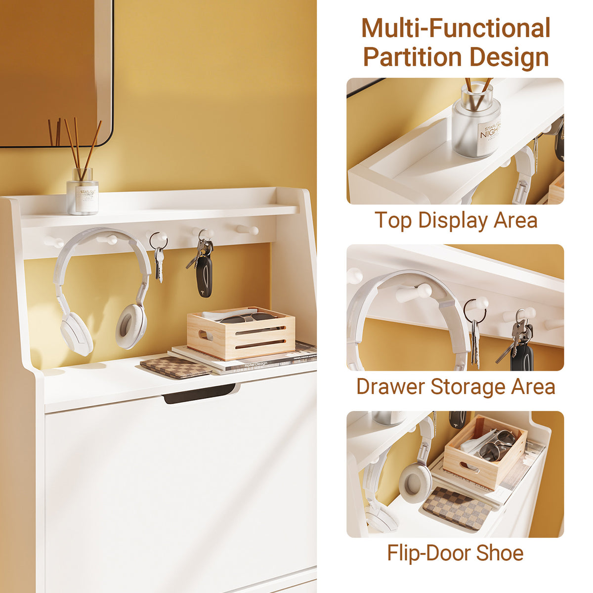 SoBuy FSR221-W, Ultra Slim Shoe Cabinet, 19cm Deep Narrow Shoe Rack with 2 Flip Drawers, Slim Hallway Storage Unit with Hooks & Open Compartment for Entryway, Fits up to EU 47, White, 60x19x119cm