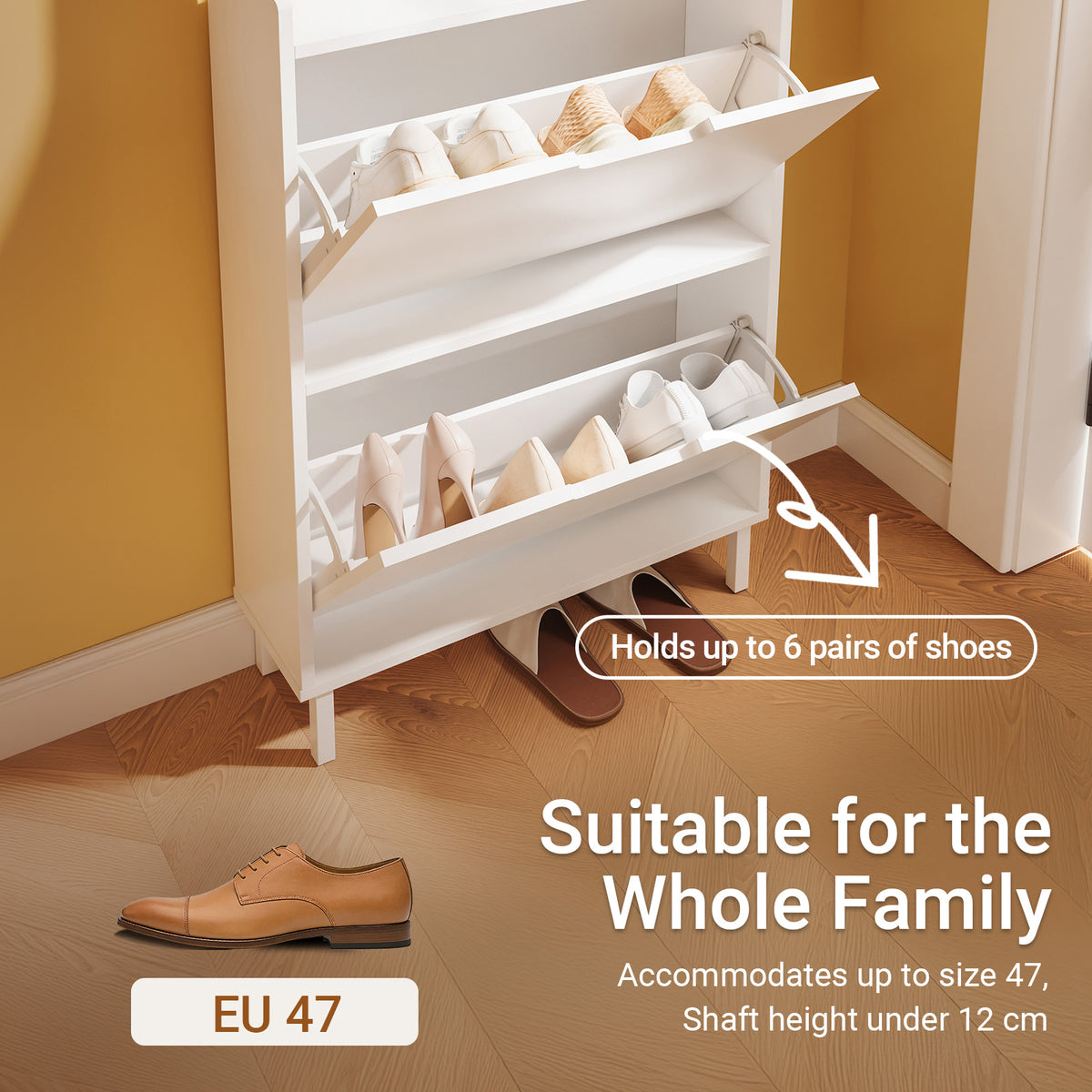SoBuy FSR221-W, Ultra Slim Shoe Cabinet, 19cm Deep Narrow Shoe Rack with 2 Flip Drawers, Slim Hallway Storage Unit with Hooks & Open Compartment for Entryway, Fits up to EU 47, White, 60x19x119cm
