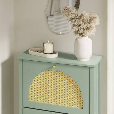 SoBuy FSR222-GR, Slim Shoe Cabinet with 3 Doors & Rattan Panels, Green, 62x25x121.5cm - view 9