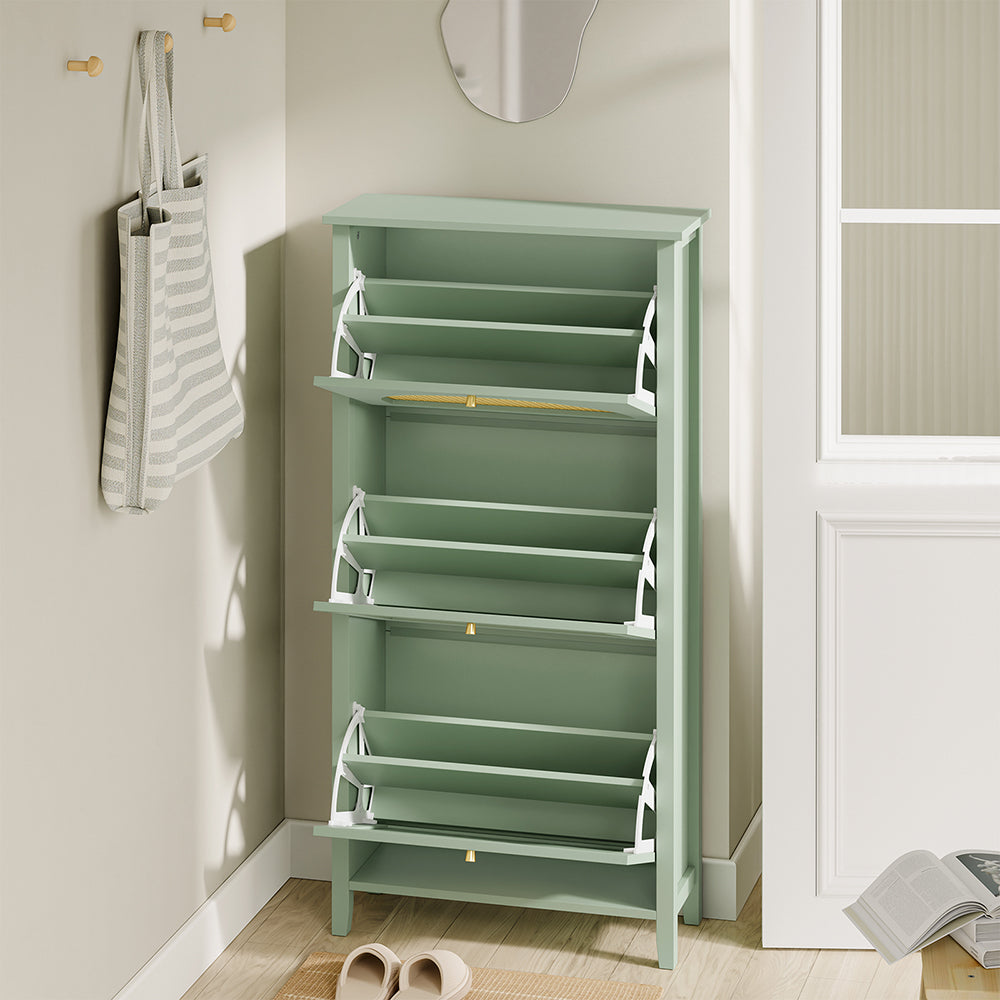 SoBuy FSR222-GR, Slim Shoe Cabinet with 3 Doors & Rattan Panels, Green, 62x25x121.5cm - view 5