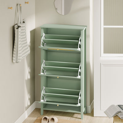 SoBuy FSR222-GR, Slim Shoe Cabinet with 3 Doors & Rattan Panels, Green, 62x25x121.5cm - view 5