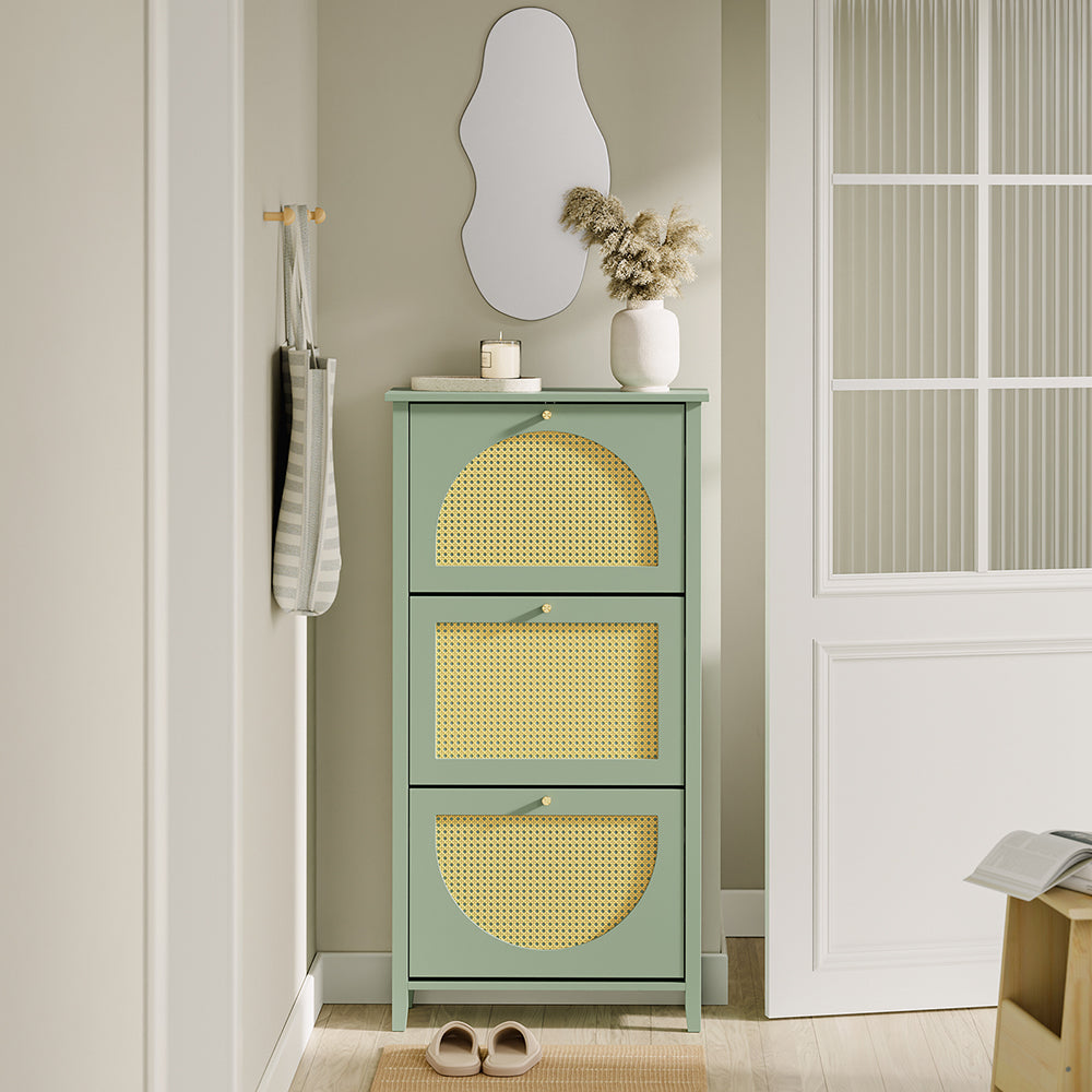 SoBuy FSR222-GR, Slim Shoe Cabinet with 3 Doors & Rattan Panels, Green, 62x25x121.5cm - view 6