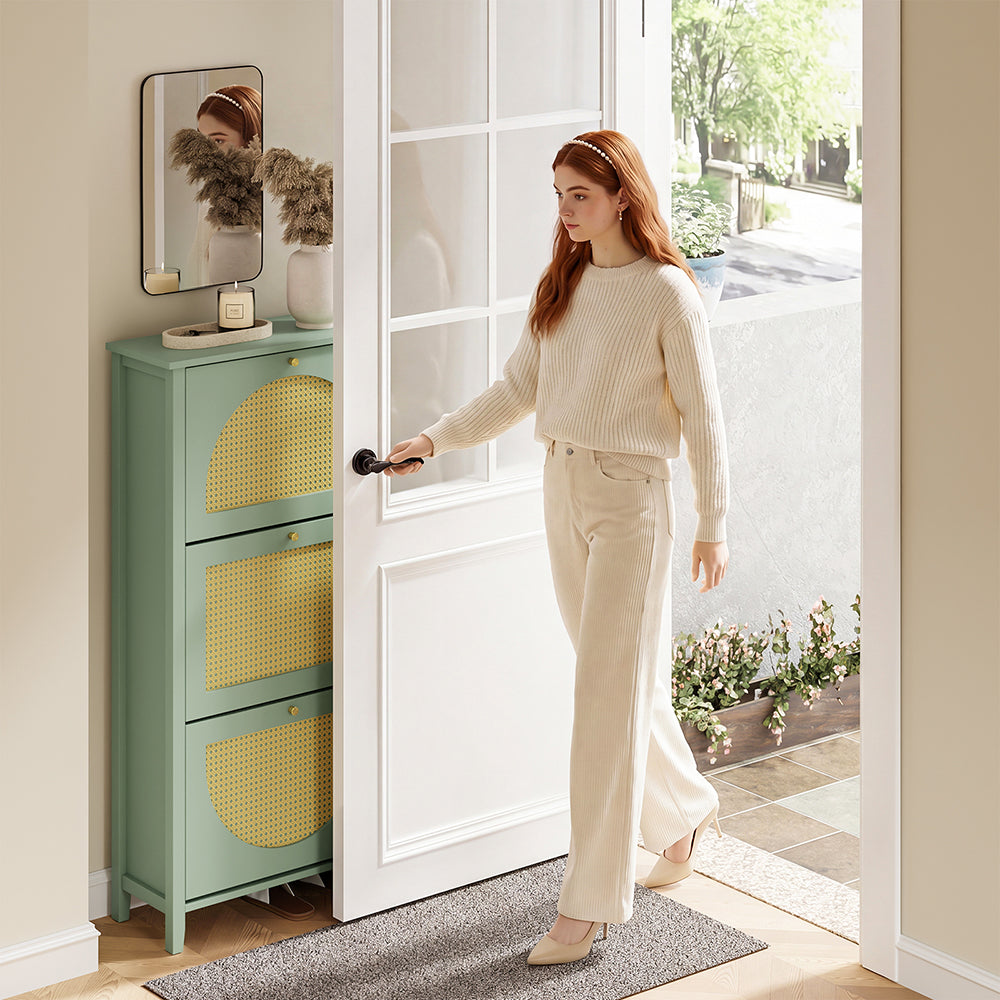 SoBuy FSR222-GR, Slim Shoe Cabinet with 3 Doors & Rattan Panels, Green, 62x25x121.5cm - view 8
