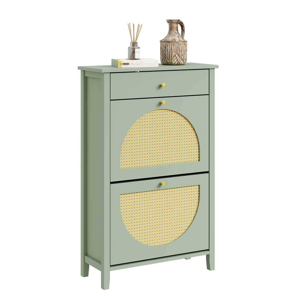 SoBuy FSR223-GR, Slim Shoe Cabinet with 2 Flip Drawers & Rattan Panels, Green, 62x25x97cm