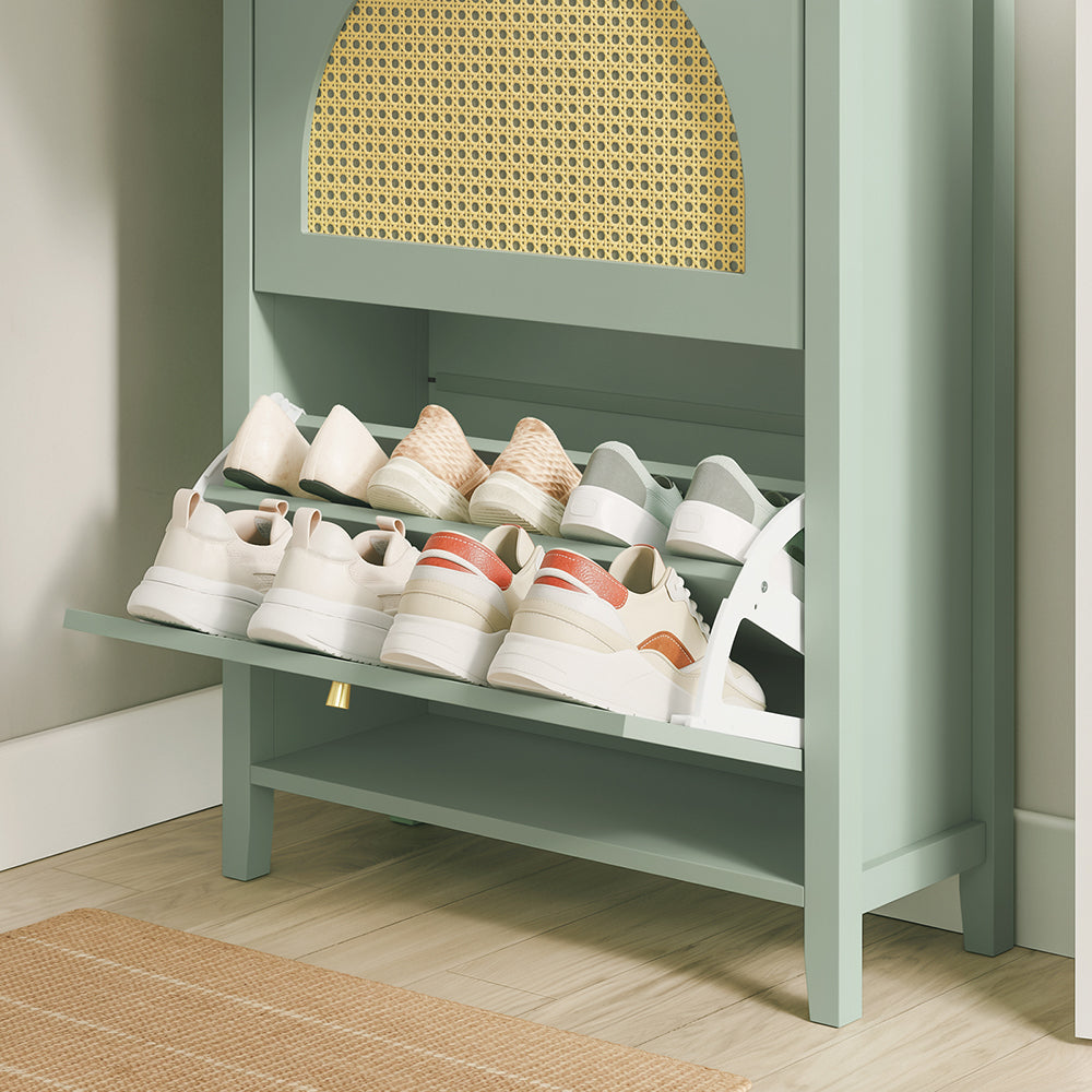 SoBuy FSR223-GR, Slim Shoe Cabinet with 2 Flip Drawers & Rattan Panels, Green, 62x25x97cm - view 12