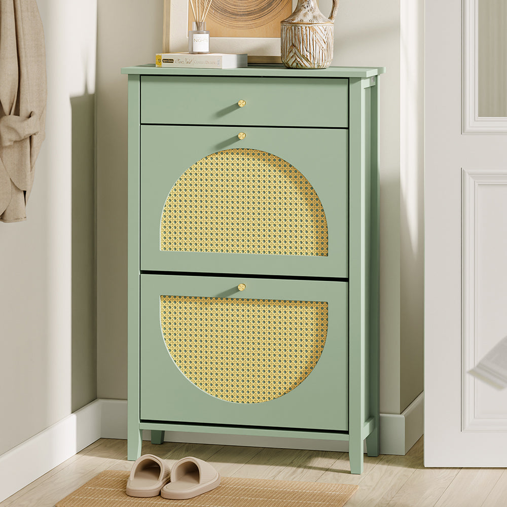 SoBuy FSR223-GR, Slim Shoe Cabinet with 2 Flip Drawers & Rattan Panels, Green, 62x25x97cm - view 2