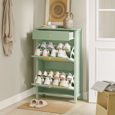 SoBuy FSR223-GR, Slim Shoe Cabinet with 2 Flip Drawers & Rattan Panels, Green, 62x25x97cm - view 4