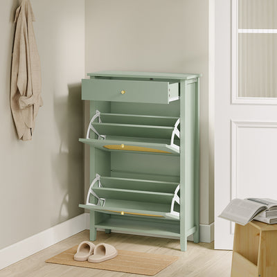 SoBuy FSR223-GR, Slim Shoe Cabinet with 2 Flip Drawers & Rattan Panels, Green, 62x25x97cm - view 5