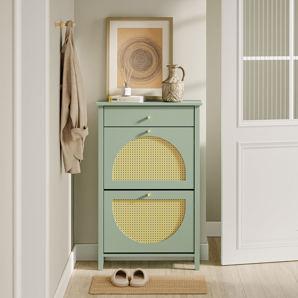 SoBuy FSR223-GR, Slim Shoe Cabinet with 2 Flip Drawers & Rattan Panels, Green, 62x25x97cm - view 6