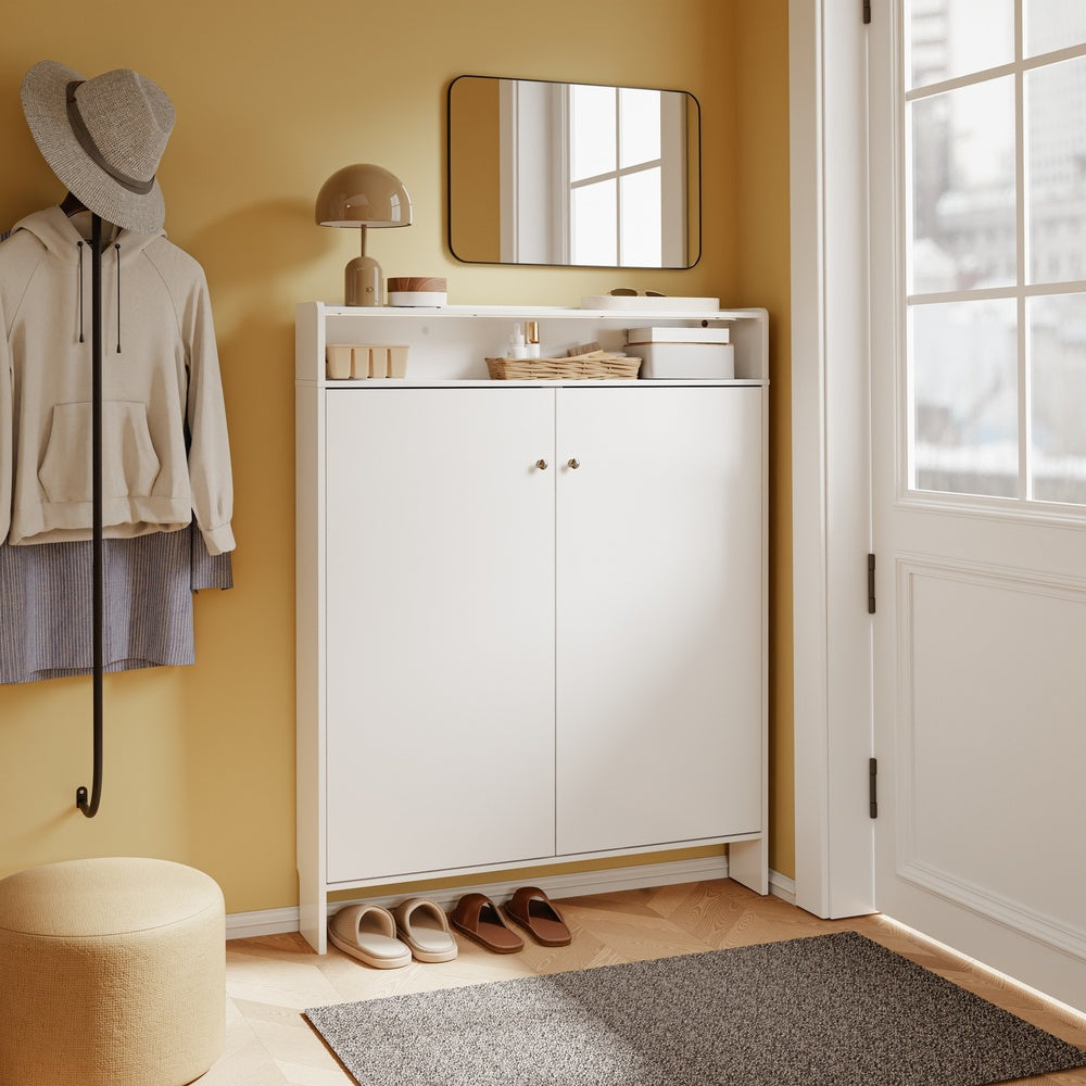 SoBuy FSR227-E-W, Slim Shoe Cabinet with 2 Doors & Open Shelf, Hallway Shoe Storage, White, 98x15x123.5cm - view 2
