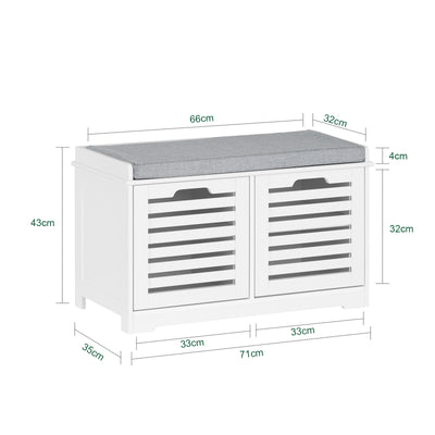 SoBuy FSR23-II-W, Shoe Storage Bench Shoe Cabinet with Seat Cushion – 2 Doors for Hallway Organiser, White, Wooden Storage Unit, 133kg Load
