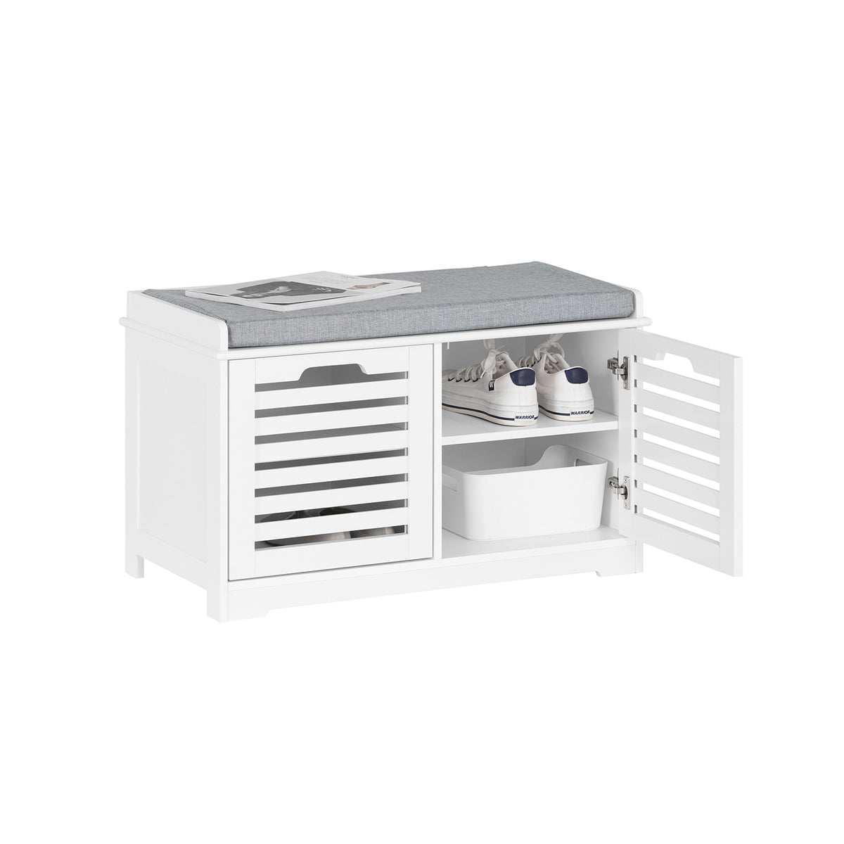 SoBuy FSR23-II-W, Shoe Storage Bench Shoe Cabinet with Seat Cushion – 2 Doors for Hallway Organiser, White, Wooden Storage Unit, 133kg Load