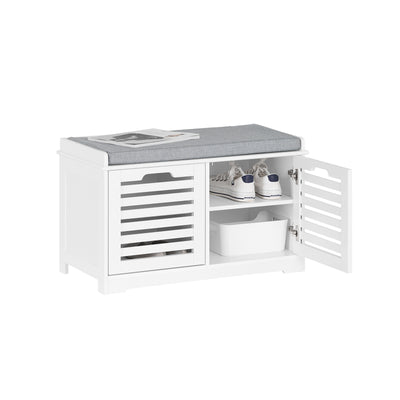 SoBuy FSR23-II-W, Shoe Storage Bench Shoe Cabinet with Seat Cushion – 2 Doors for Hallway Organiser, White, Wooden Storage Unit, 133kg Load