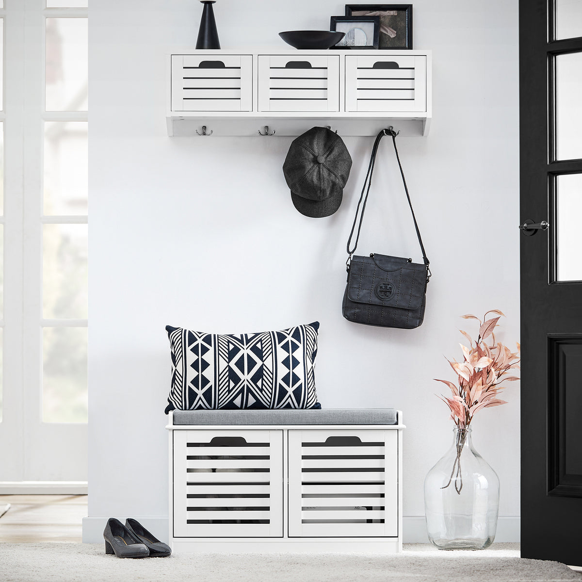 SoBuy FSR23-II-W, Shoe Storage Bench Shoe Cabinet with Seat Cushion – 2 Doors for Hallway Organiser, White, Wooden Storage Unit, 133kg Load