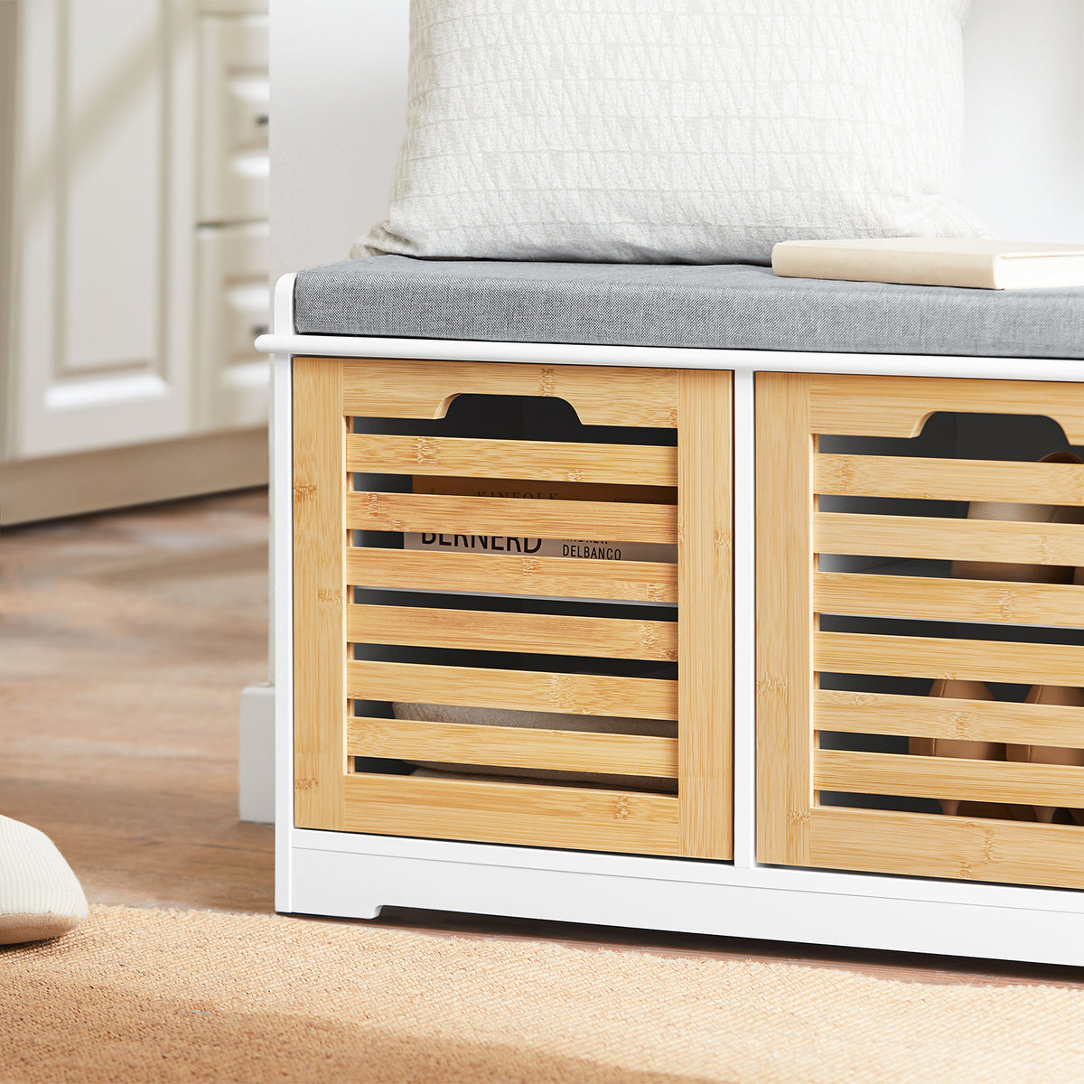 SoBuy FSR23-II-WN, Hallway Storage Bench Shoe Bench Shoe Cabinet with Seat Cushion and 2 Doors, White