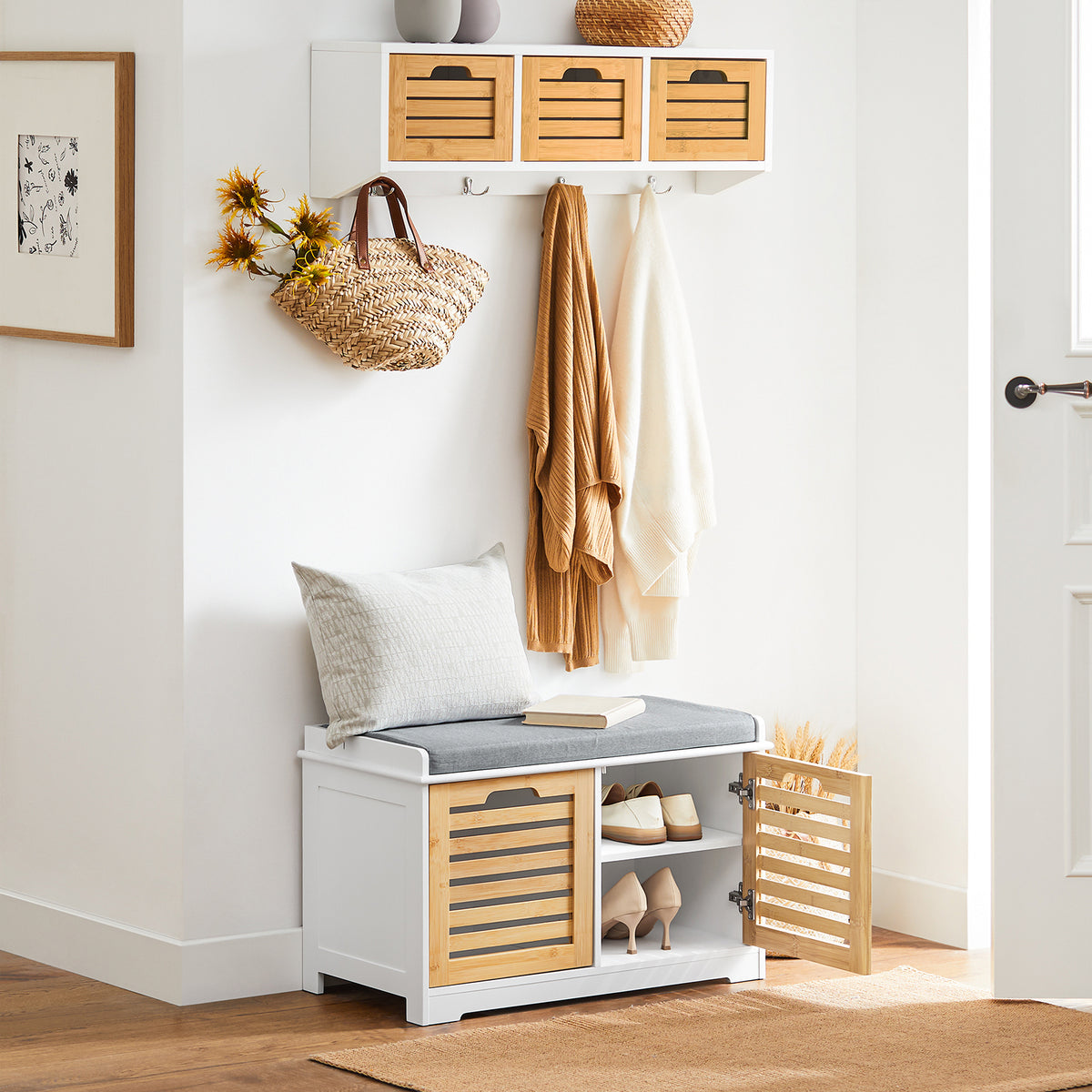 SoBuy FSR23-II-WN, Hallway Storage Bench Shoe Bench Shoe Cabinet with Seat Cushion and 2 Doors, White