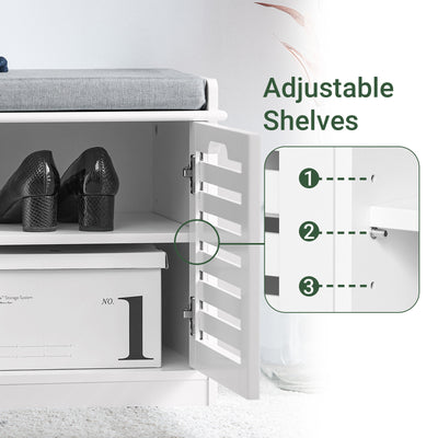 SoBuy FSR23-II-W, Shoe Storage Bench Shoe Cabinet with Seat Cushion – 2 Doors for Hallway Organiser, White, Wooden Storage Unit, 133kg Load