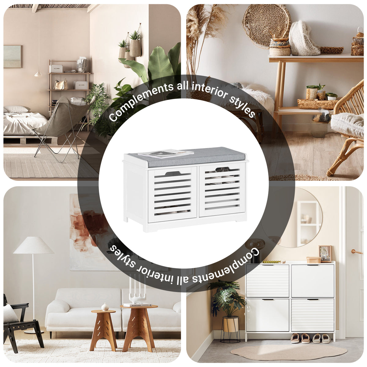 SoBuy FSR23-II-W, Shoe Storage Bench Shoe Cabinet with Seat Cushion – 2 Doors for Hallway Organiser, White, Wooden Storage Unit, 133kg Load