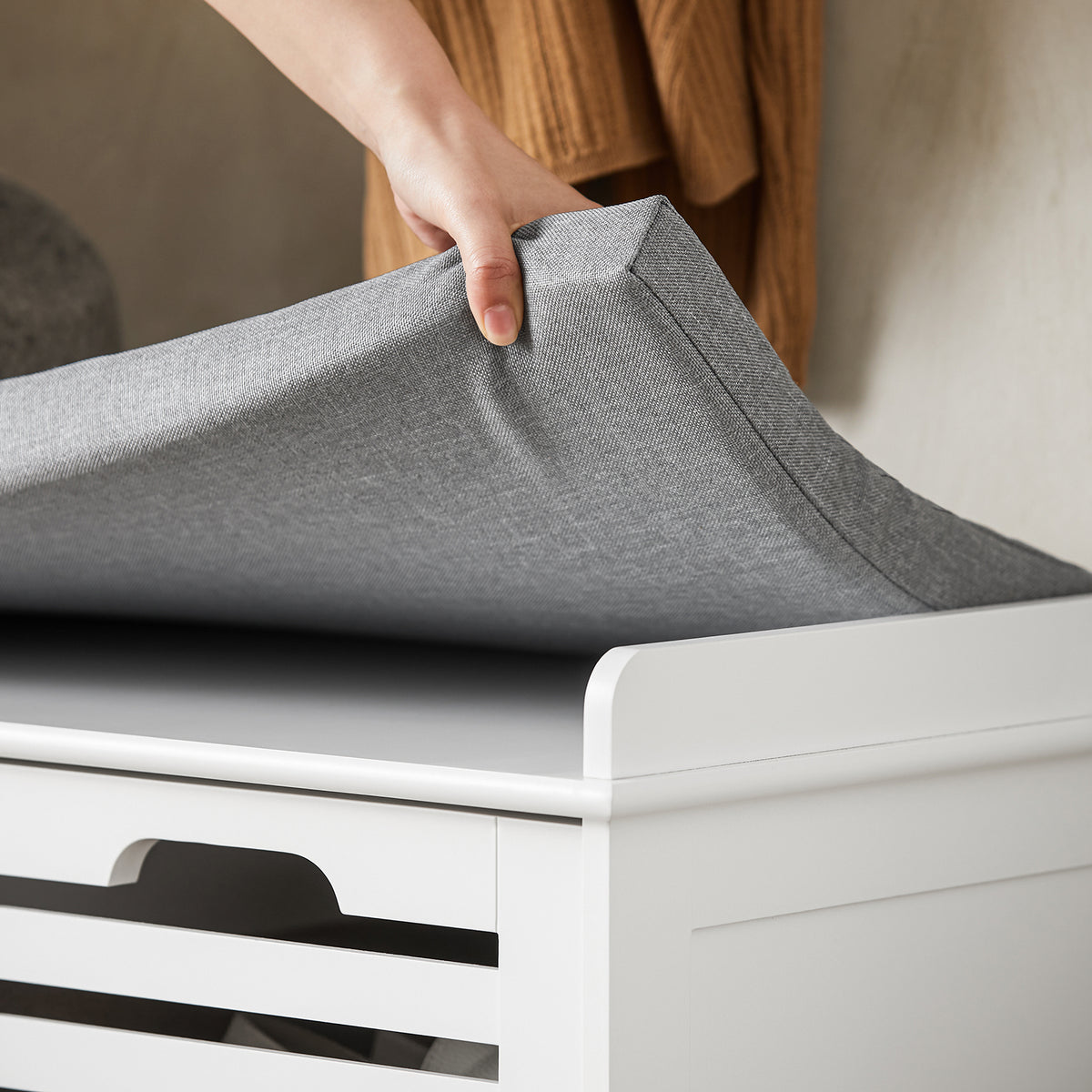 SoBuy FSR23-K-W, White Storage Bench with 2 Drawers & Removable Seat Cushion, Shoe Cabinet Shoe Bench, White