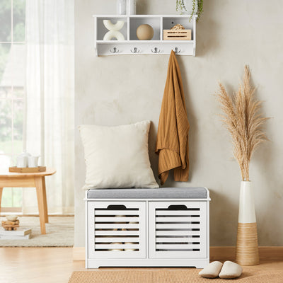 SoBuy FSR23-K-W, White Storage Bench with 2 Drawers & Removable Seat Cushion, Shoe Cabinet Shoe Bench, White