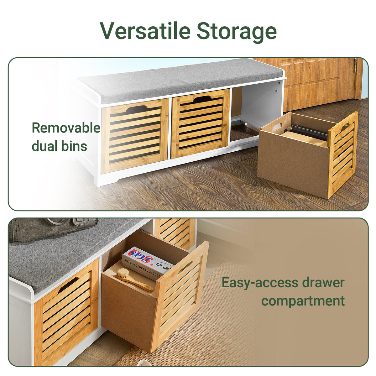 SoBuy FSR23-WN, Shoe Storage Bench Shoe Cabinet with Seat Cushion – 3 Drawers for Hallway Organiser, White and Natural, Wooden Storage Unit, 120kg Load