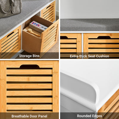 SoBuy FSR23-WN, Shoe Storage Bench Shoe Cabinet with Seat Cushion – 3 Drawers for Hallway Organiser, White and Natural, Wooden Storage Unit, 120kg Load