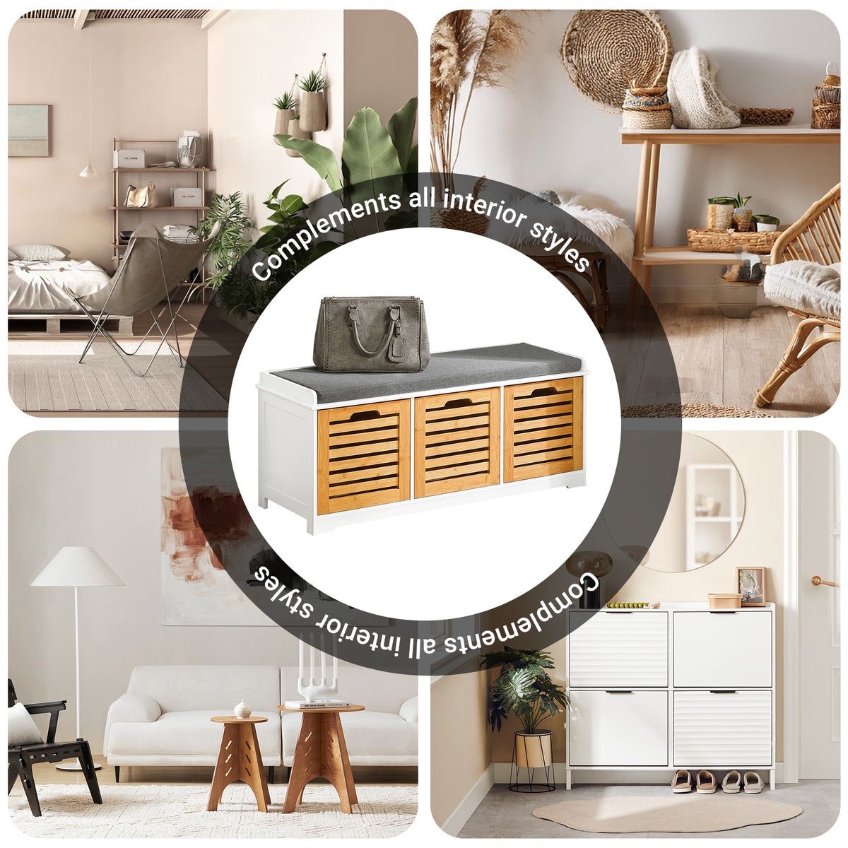 SoBuy FSR23-WN, Shoe Storage Bench Shoe Cabinet with Seat Cushion – 3 Drawers for Hallway Organiser, White and Natural, Wooden Storage Unit, 120kg Load