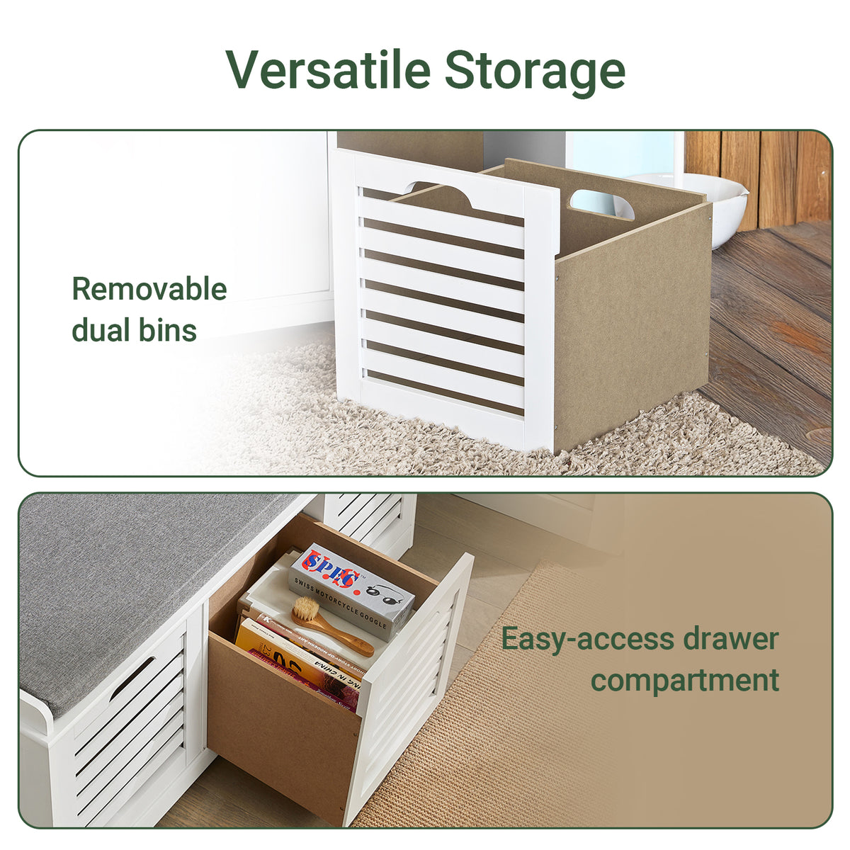 SoBuy FSR23-W, Shoe Storage Bench Shoe Cabinet with Seat Cushion – 3 Drawers for Hallway Organiser, White, Wooden Storage Unit, 120kg Load