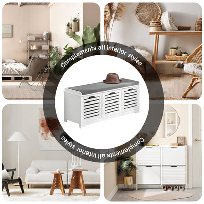 SoBuy FSR23-W, Shoe Storage Bench Shoe Cabinet with Seat Cushion – 3 Drawers for Hallway Organiser, White, Wooden Storage Unit, 120kg Load
