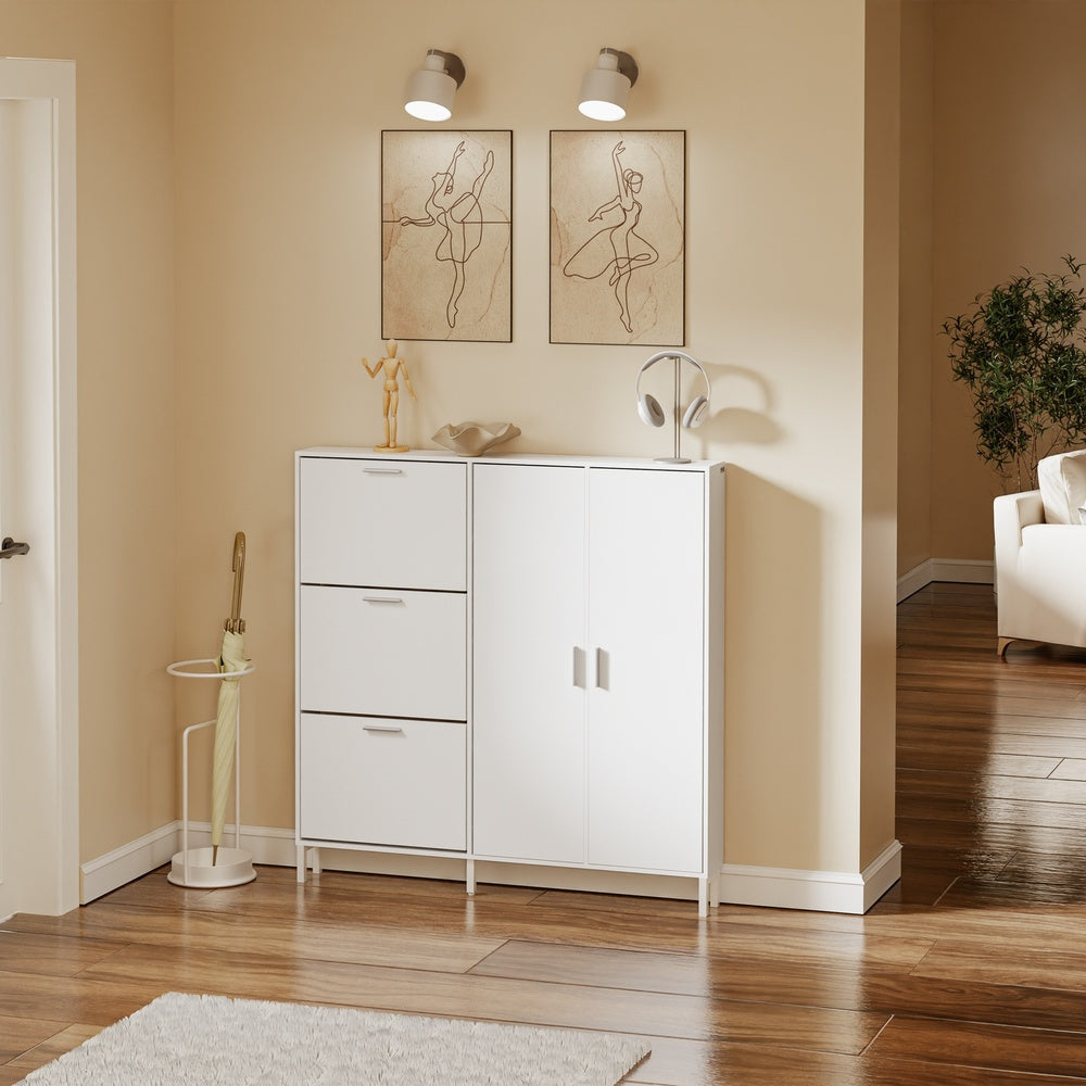 SoBuy FSR231-W, Slim Tall Shoe Cabinet with 2 Doors, 3 Flip Drawers & 10 Shelves, White, 115.5x14.5x117cm - view 2