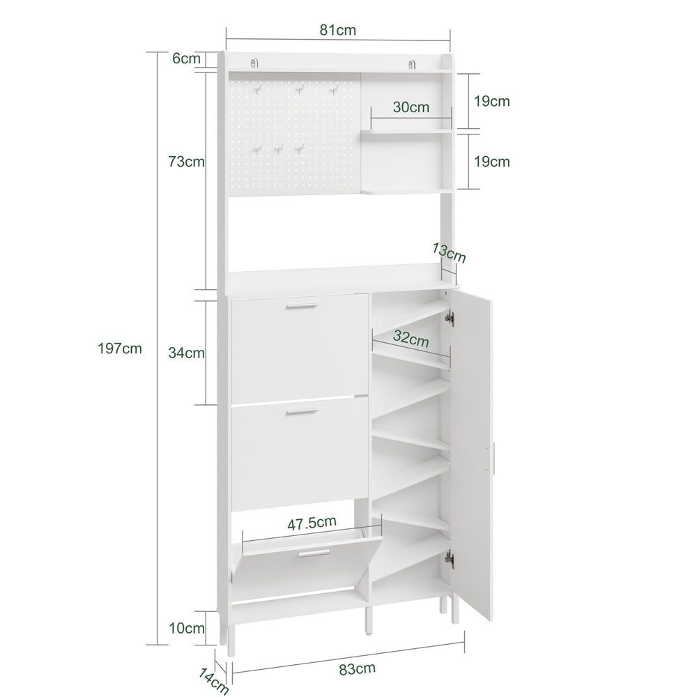 SoBuy FSR232-W, Tall Narrow Shoe Cabinet with 3 Flip Drawers, 8 Shelves & 6 Hooks, White, 83x14x197cm - view 3