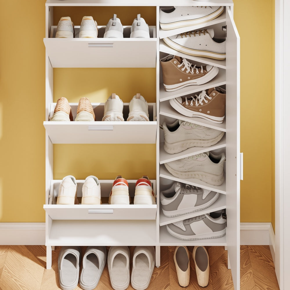 SoBuy FSR232-W, Tall Narrow Shoe Cabinet with 3 Flip Drawers, 8 Shelves & 6 Hooks, White, 83x14x197cm - view 11