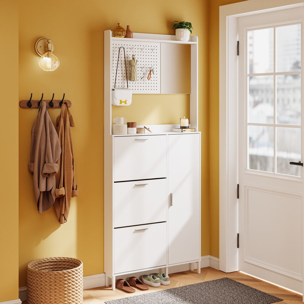 SoBuy FSR233-W, Slim Shoe Cabinet with Mirror, Hooks & 3 Flip Drawers, Narrow Hallway Storage, White, 83x14x197cm - view 2