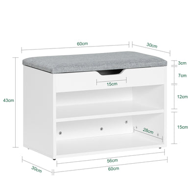 SoBuy FSR25-HG, Shoe Storage Bench Shoe Rack with Seat - Padded Folding Cushion, Hallway Storage Unit with 2 Tiers, Grey, 60x30x48cm, Max Load 150kg