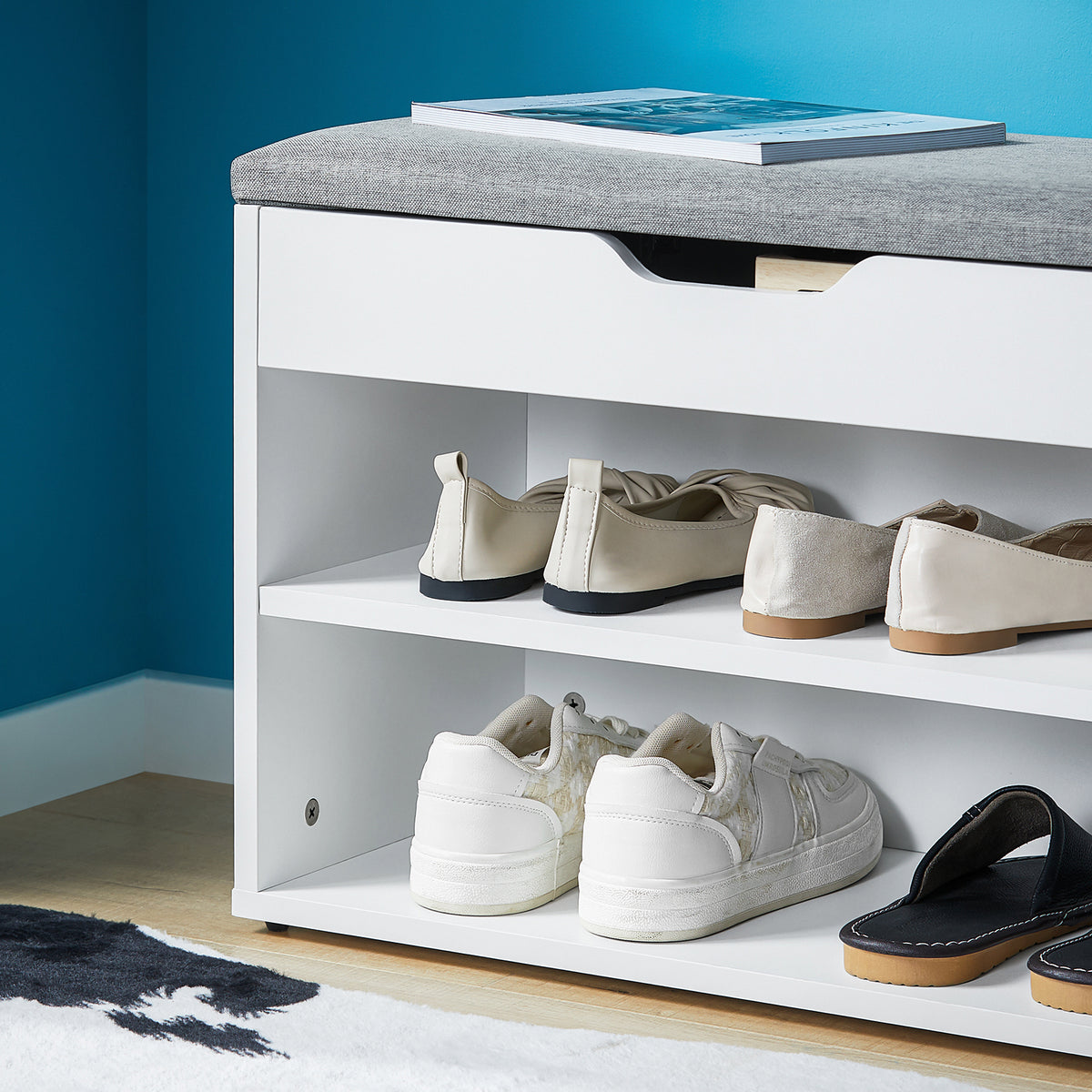 SoBuy FSR25-HG, Shoe Storage Bench Shoe Rack with Seat - Padded Folding Cushion, Hallway Storage Unit with 2 Tiers, Grey, 60x30x48cm, Max Load 150kg