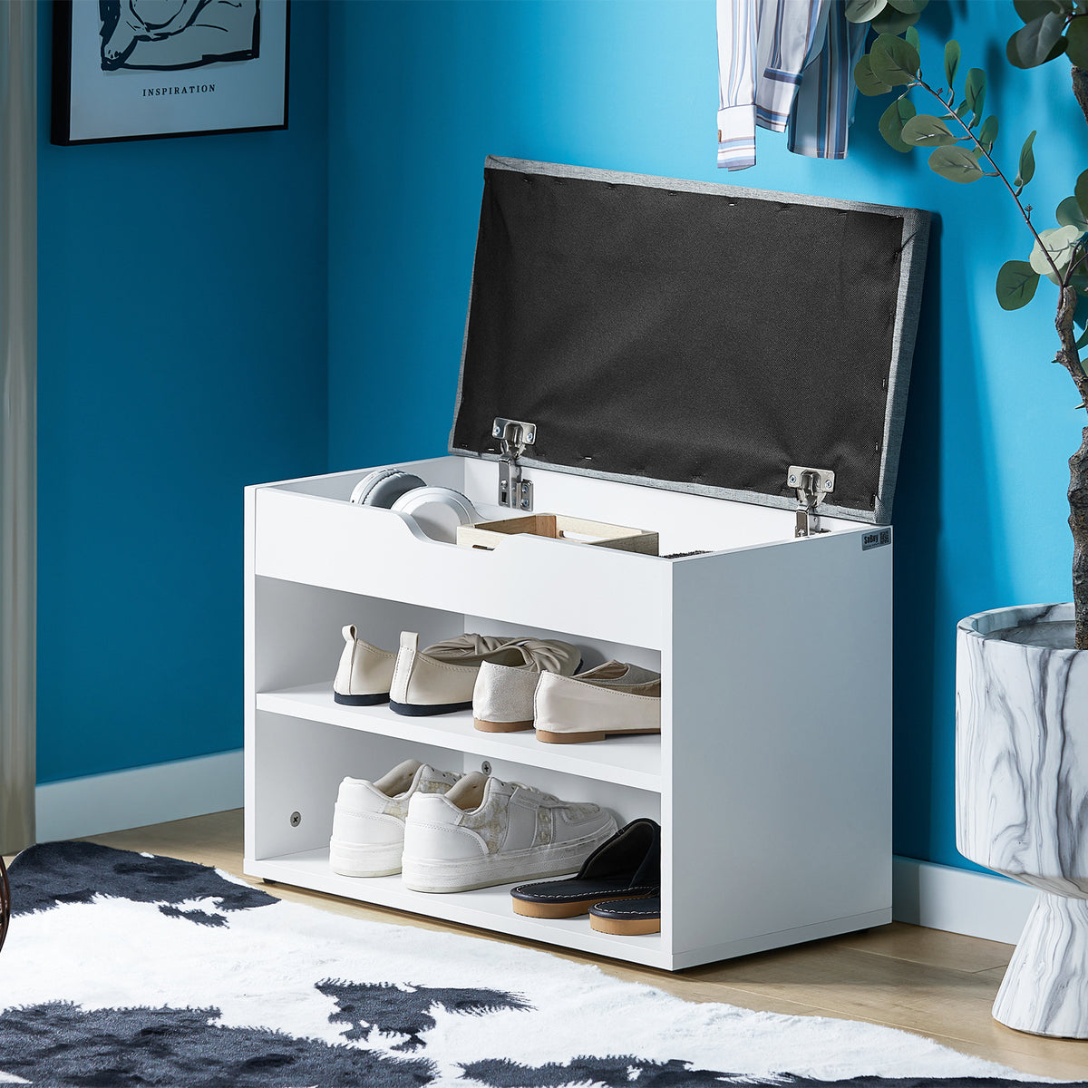 SoBuy FSR25-HG, Shoe Storage Bench Shoe Rack with Seat - Padded Folding Cushion, Hallway Storage Unit with 2 Tiers, Grey, 60x30x48cm, Max Load 150kg