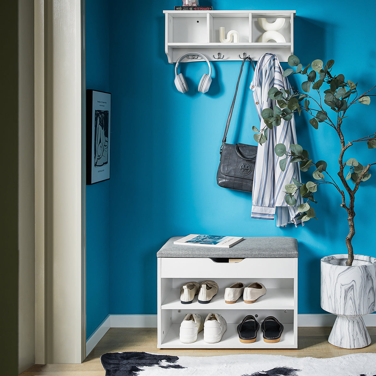 SoBuy FSR25-HG, Shoe Storage Bench Shoe Rack with Seat - Padded Folding Cushion, Hallway Storage Unit with 2 Tiers, Grey, 60x30x48cm, Max Load 150kg